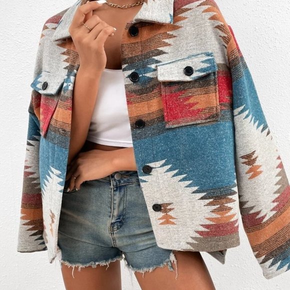 Boho Geometric Print Flap Pocket Jacket - Picture 2 of 8